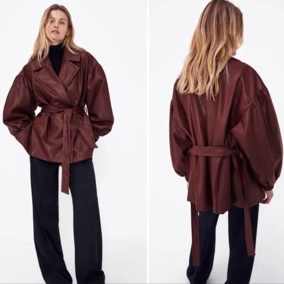 NWOT Zara Blogger Maroon Faux Leather Belted Oversized Blazer Jacket. - Picture 1 of 11